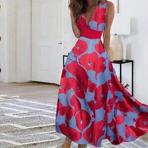 Elegant Rose Red Floral Print Sleeveless Midi Dress